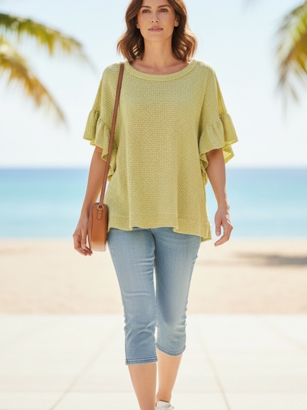 New In | Waffle Knit Ruffle Sleeve Top In Lime Green -Boho Chic -FP Vibes- NWT